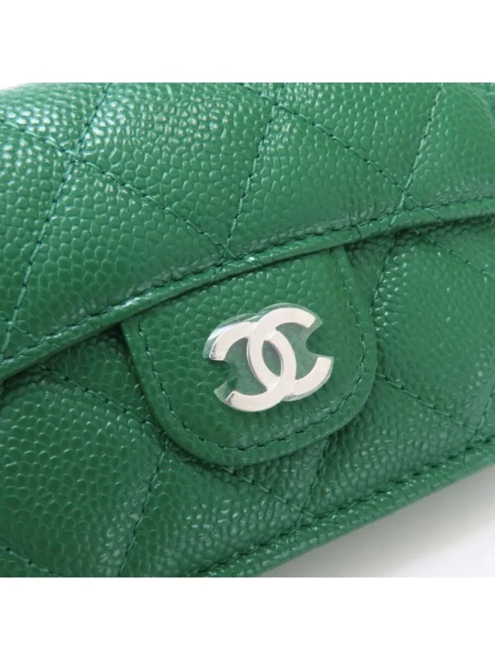 Chanel Trifold Wallet Compact Quilted CC Logo Caviar Leather Green Silver 30